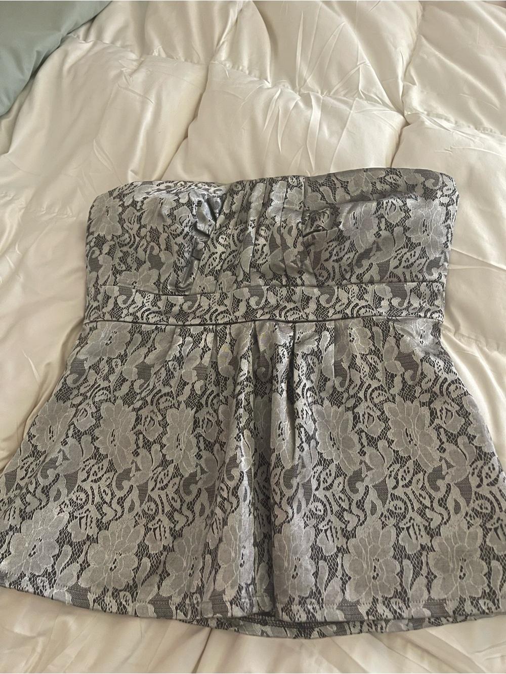 Strapless Silver Lace Peplum Dress